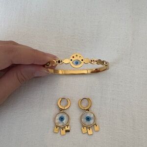 Gold Played Evil Eye Bracelet and Earring Set